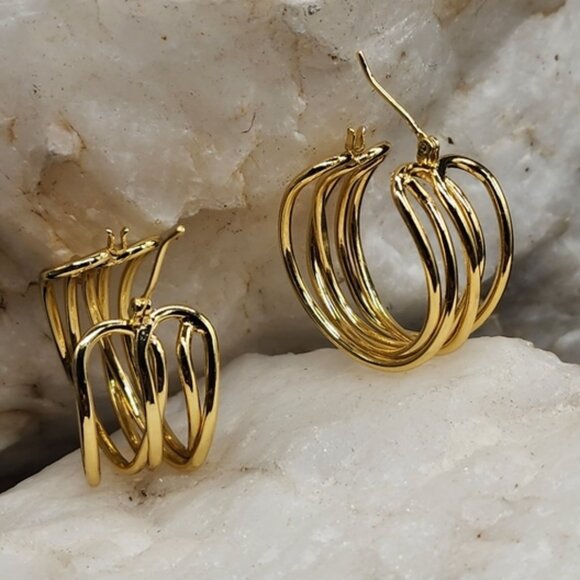 Rhodium/ 18 kt Gold Plated Hoops Earrings/Studs Contemporary Design - Picture 6 of 10